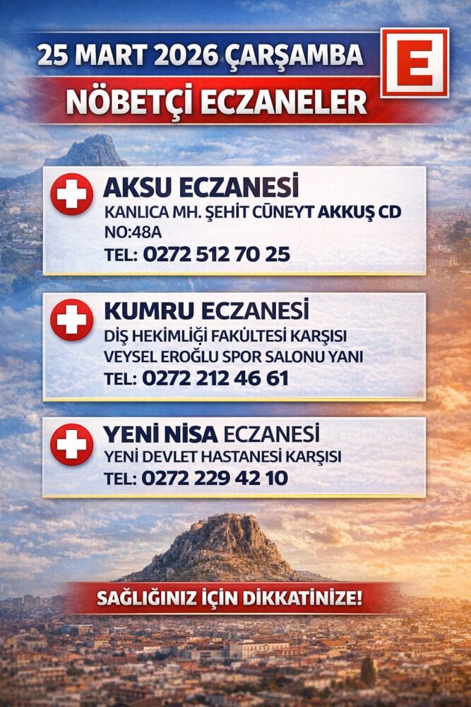 Afyonkarahisar genelinde 25 Mart 2026 Çarşamba günü nöbetçi olan eczaneler