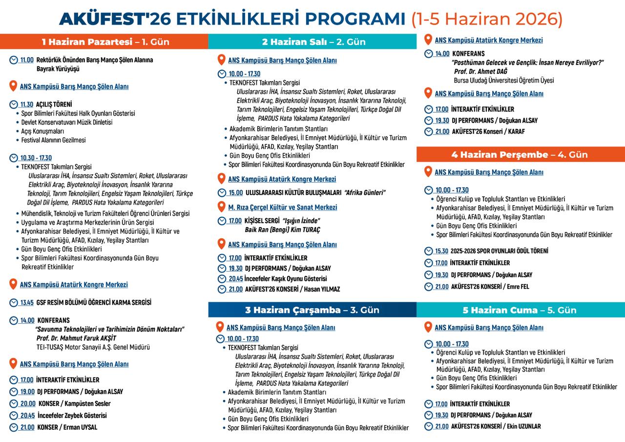Afyon Kocatepe Üniversitesi tarafından düzenlenen AKÜFEST’26, 1-5 Haziran tarihleri arasında