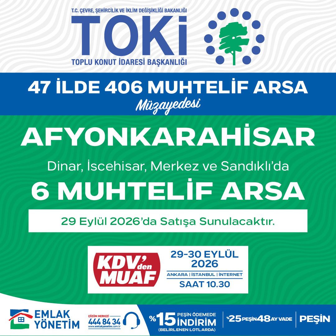 TOKİ Afyonkarahisar’da 6 Arsayı Satışa Çıkarıyor TOKİ, 47 ilde toplam