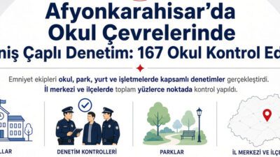Afyonkarahisar’da Okul Çevrelerine Sıkı Denetim! 540 Kişi ve 149 Araç Sorgulandı Afyonkarahisar'da okul çevrelerinde yapılan denetimlerde 352 nokta kontrol edildi. 540