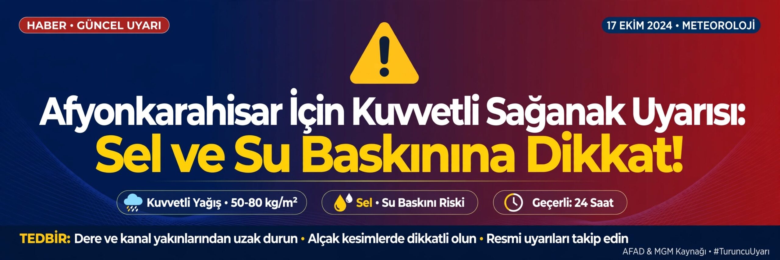Meteoroloji, Afyonkarahisar için 17 Ekim Cumartesi günü kuvvetli sağanak uyarısı
