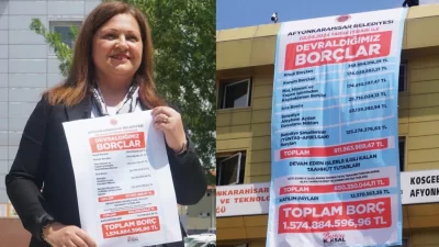 Afyonkarahisar Belediyesi’nin borçlarının bulunduğu pankart, bugün itibariyle belediye binasına asıldı.